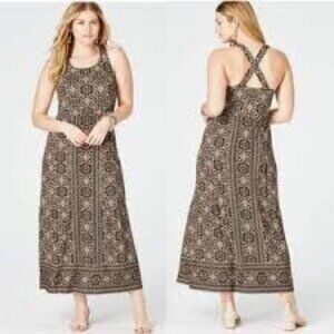 J. Jill Kona Cross-Back Knit Maxi Dress Brown Mandala Tapestry Print Large